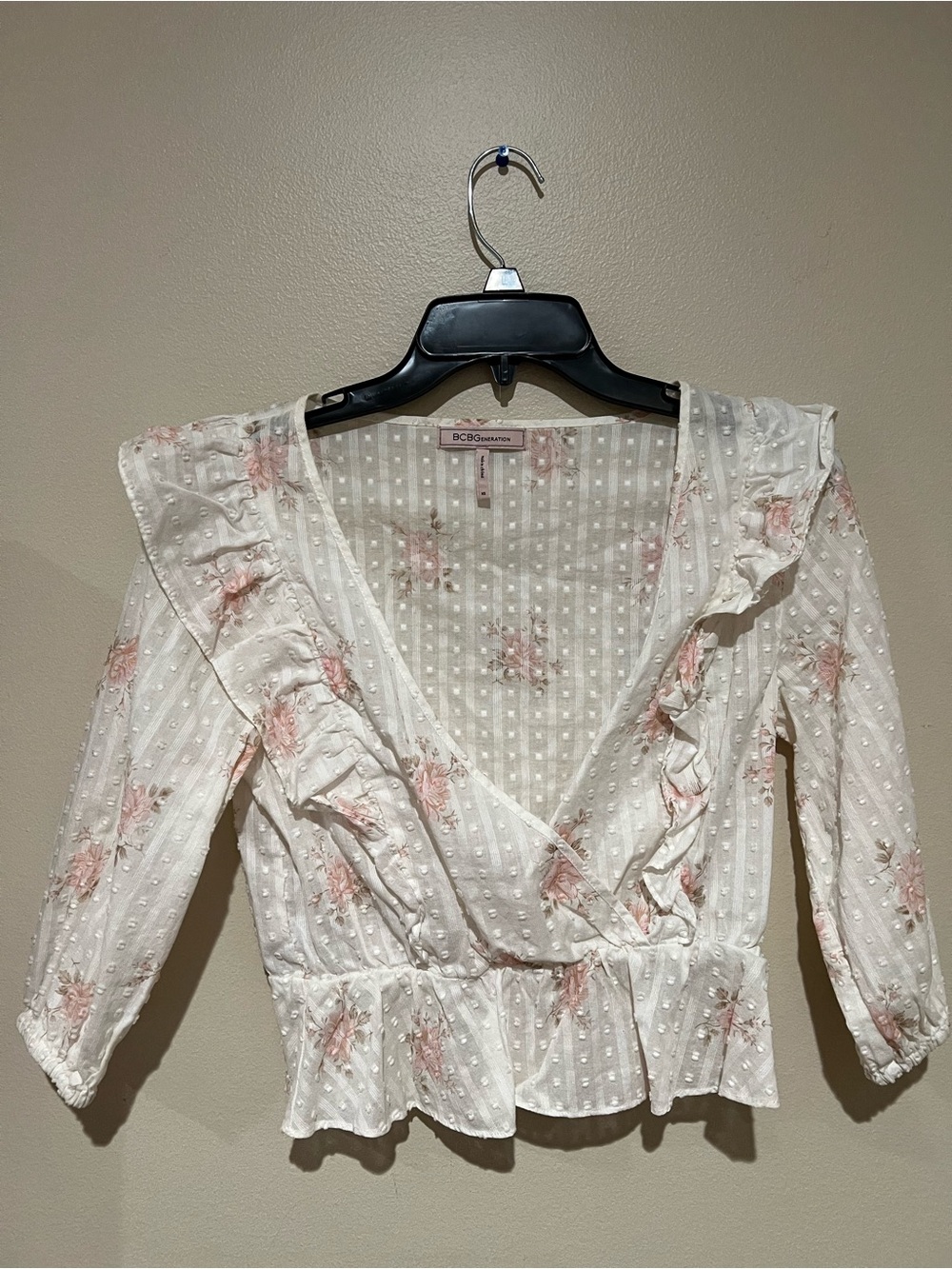 BCBGeneration White Wrap Peplum Blouse with Light Pink Floral